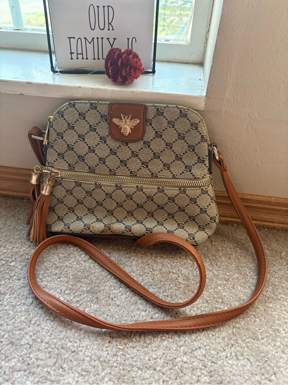 Bee Print Mini Crossbody Bag Brown Tan Tassel Cottagecore Purse